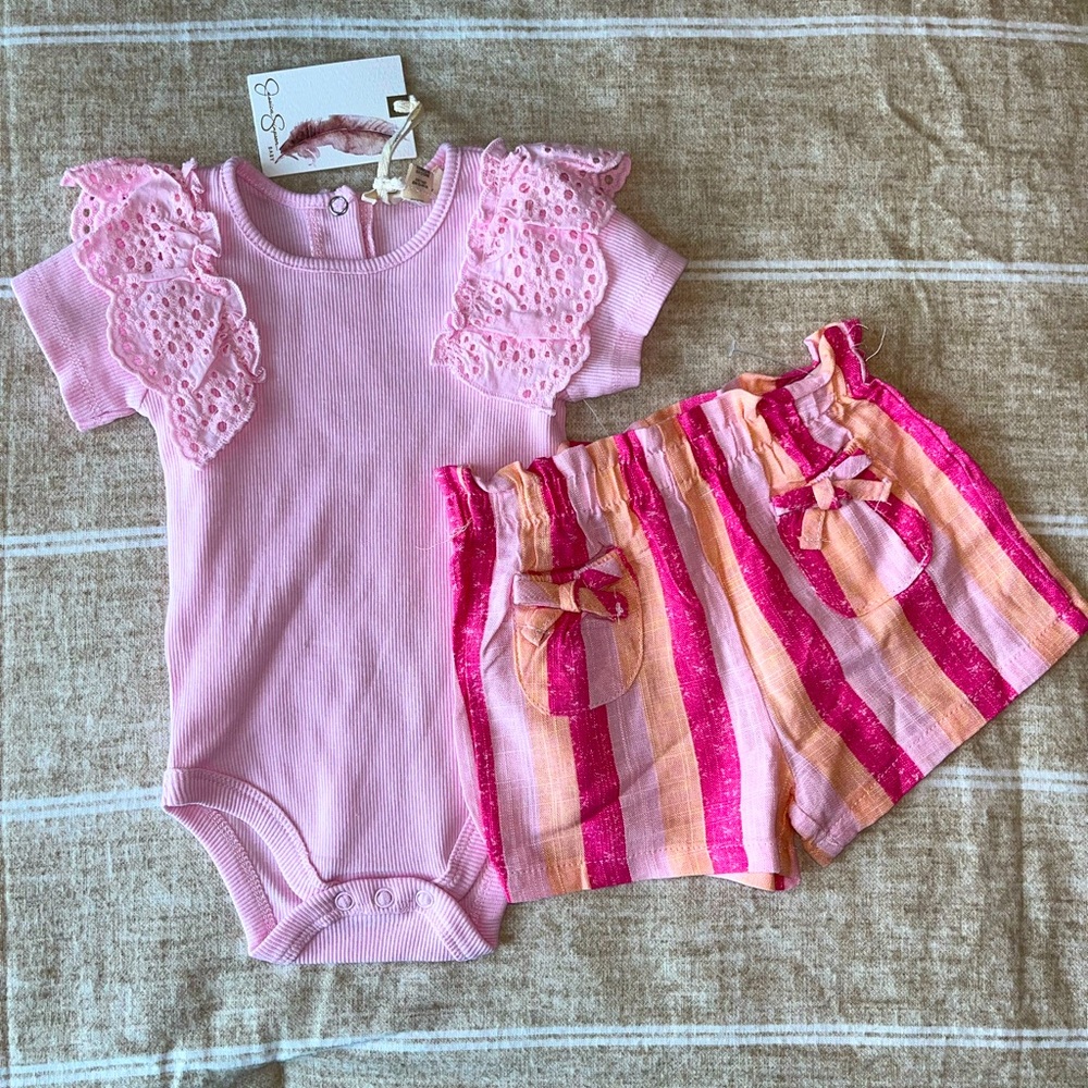 NWT Orange and pink shorts baby girls outfit set